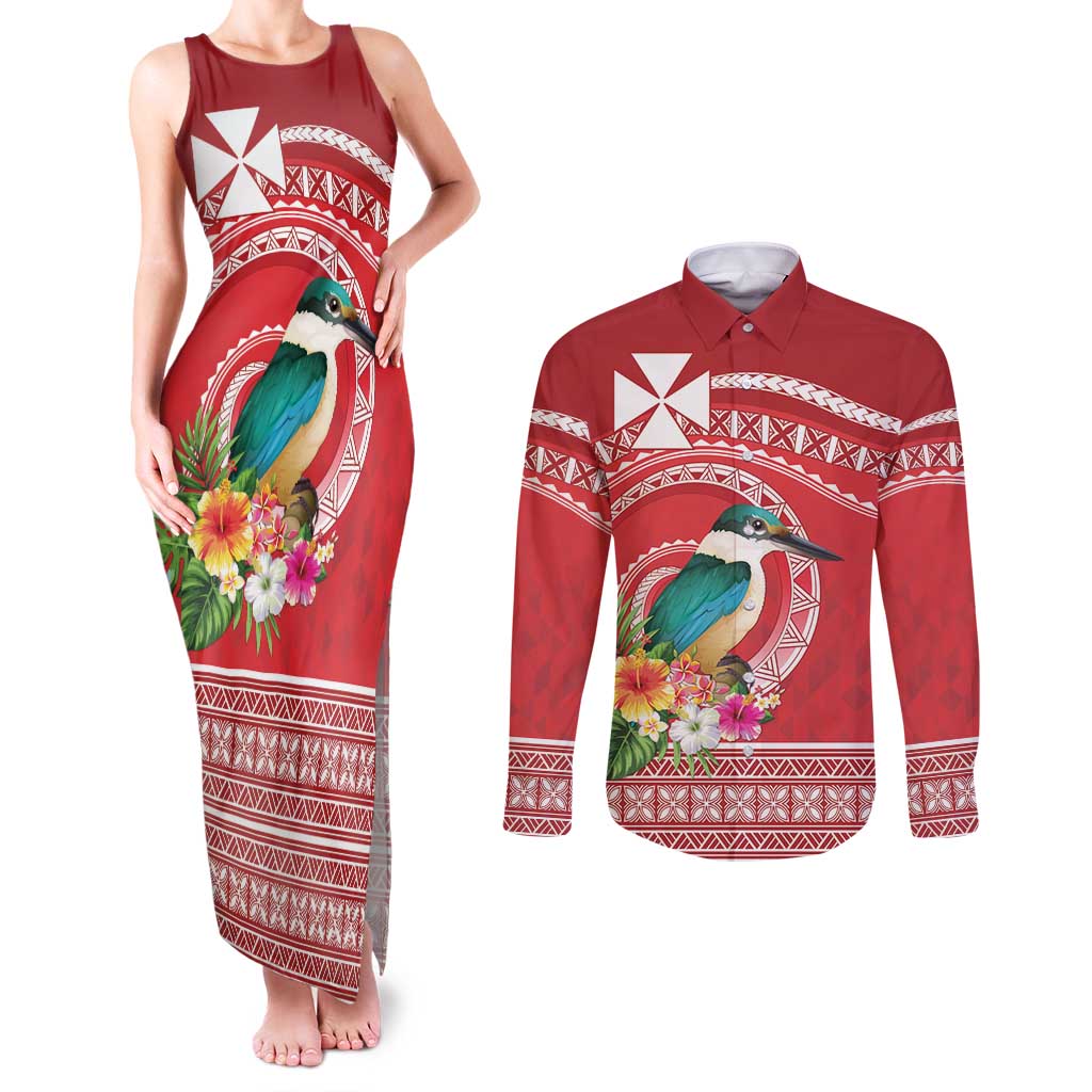 Wallis et Futuna Kingfisher Couples Matching Tank Maxi Dress and Long Sleeve Button Shirt Polynesian Tropical Flowers LT9 Red - Polynesian Pride