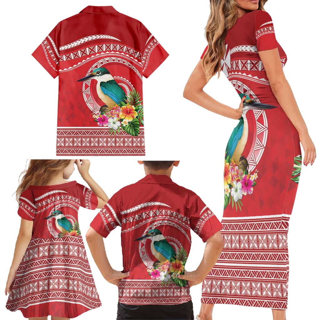 Wallis et Futuna Kingfisher Family Matching Short Sleeve Bodycon Dress and Hawaiian Shirt Polynesian Tropical Flowers
