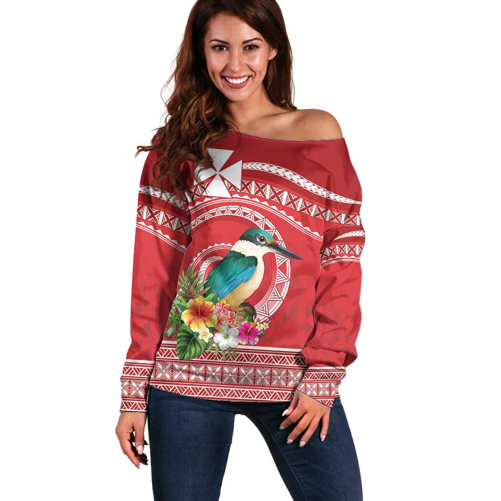 Wallis et Futuna Kingfisher Off Shoulder Sweater Polynesian Tropical Flowers LT9 Women Red - Polynesian Pride