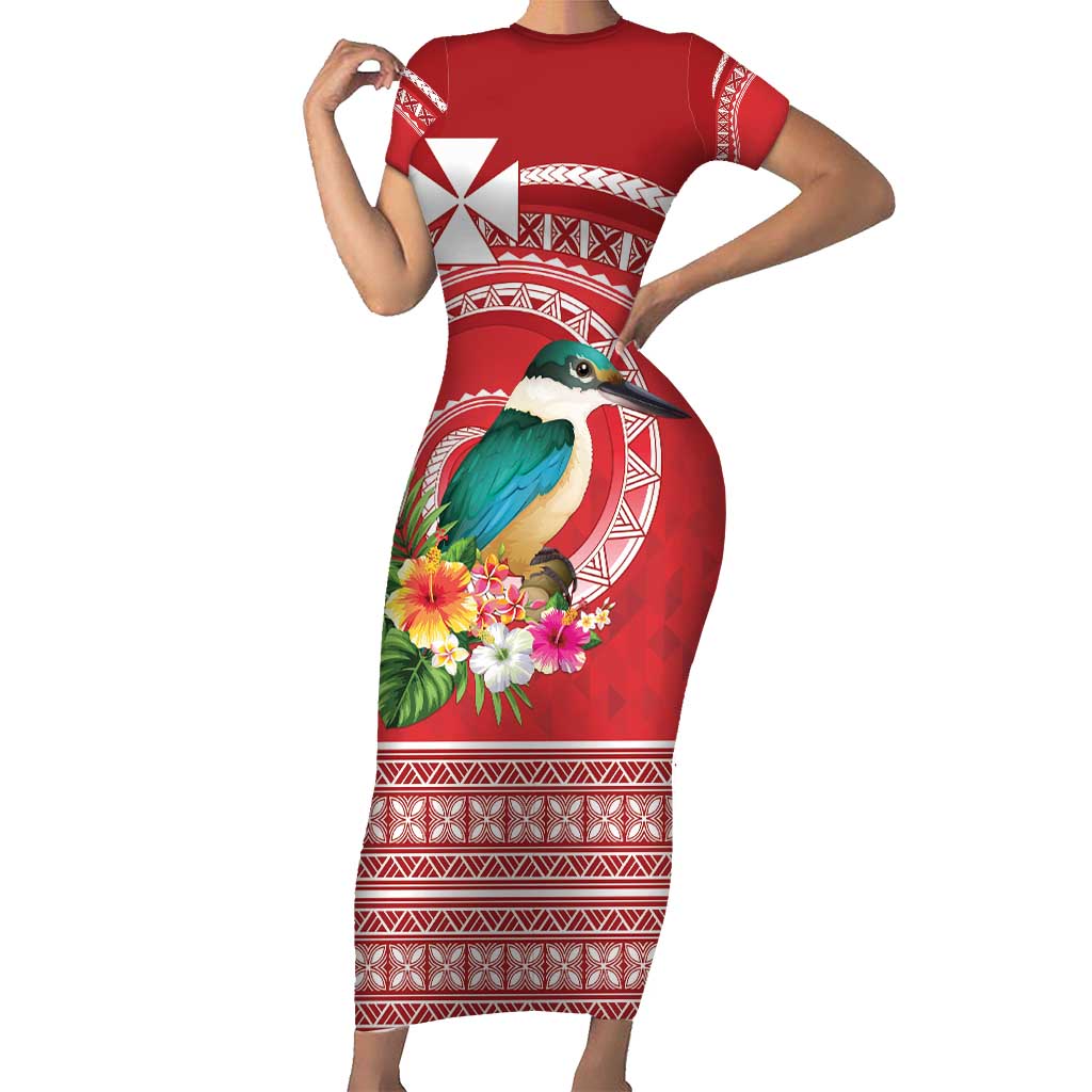 Wallis et Futuna Kingfisher Short Sleeve Bodycon Dress Polynesian Tropical Flowers LT9 Long Dress Red - Polynesian Pride