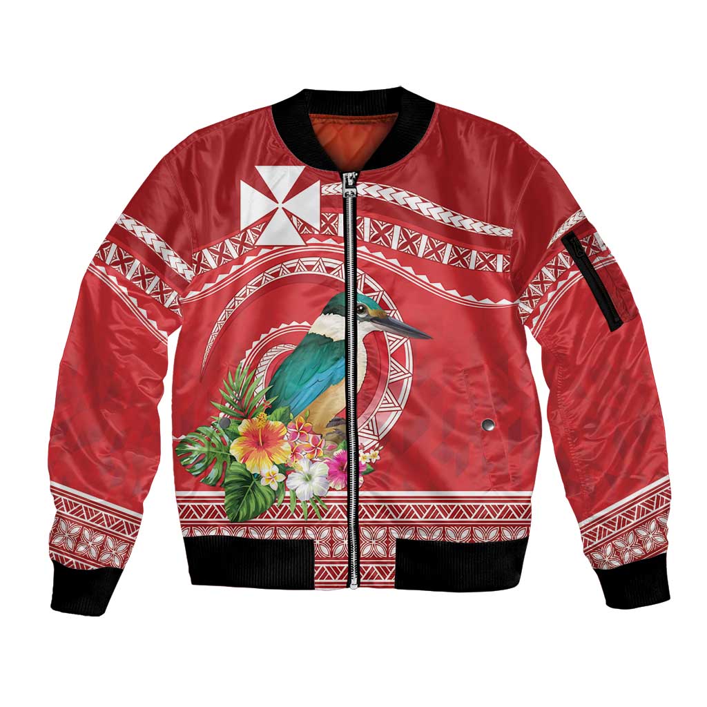 Wallis et Futuna Kingfisher Sleeve Zip Bomber Jacket Polynesian Tropical Flowers LT9 Unisex Red - Polynesian Pride