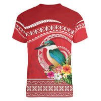 Wallis et Futuna Kingfisher Women V-Neck T-Shirt Polynesian Tropical Flowers
