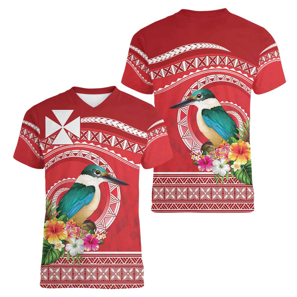 Wallis et Futuna Kingfisher Women V-Neck T-Shirt Polynesian Tropical Flowers