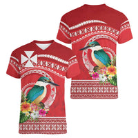 Wallis et Futuna Kingfisher Women V-Neck T-Shirt Polynesian Tropical Flowers