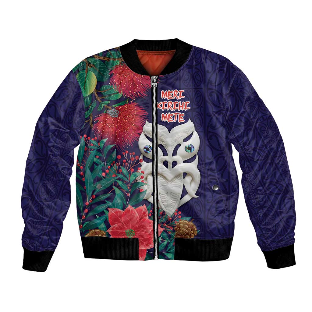 Maori Wheku Meri Kirihimete Personalised Bomber Jacket All Blue Indigenous Maori Motif - Polynesian Pride