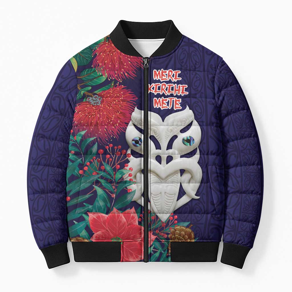 Maori Wheku Meri Kirihimete Personalised Bomber Puffer Jacket All Blue Indigenous Maori Motif - Polynesian Pride