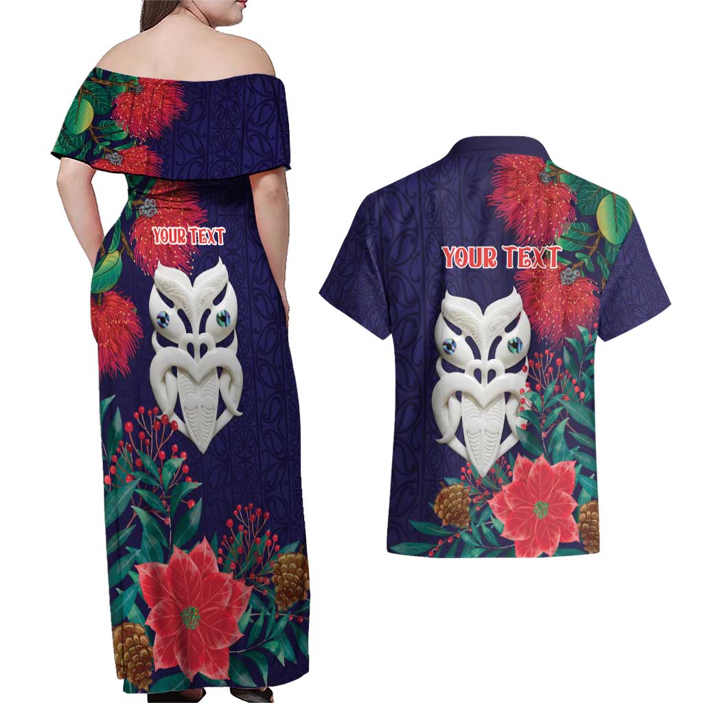 Maori Wheku Meri Kirihimete Personalised Couples Matching Off Shoulder Maxi Dress and Hawaiian Shirt All Blue Indigenous Maori Motif - Polynesian Pride