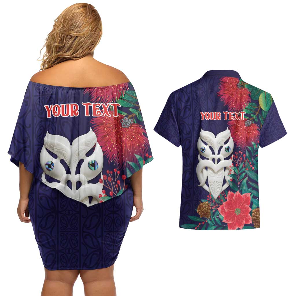 Maori Wheku Meri Kirihimete Personalised Couples Matching Off Shoulder Short Dress and Hawaiian Shirt All Blue Indigenous Maori Motif - Polynesian Pride