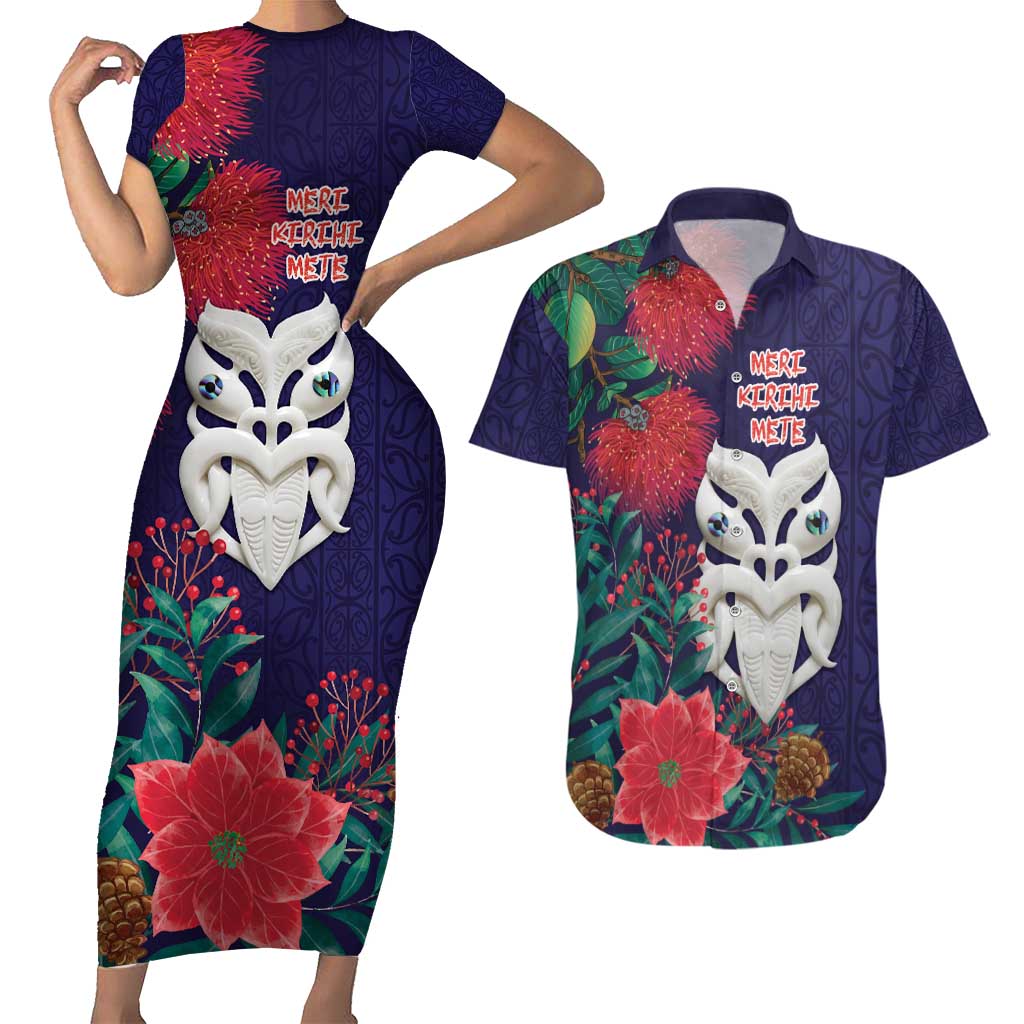Maori Wheku Meri Kirihimete Personalised Couples Matching Short Sleeve Bodycon Dress and Hawaiian Shirt All Blue Indigenous Maori Motif - Polynesian Pride