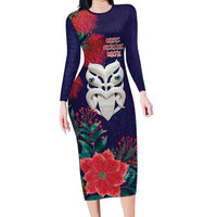 Maori Wheku Meri Kirihimete Personalised Family Matching Long Sleeve Bodycon Dress and Hawaiian Shirt All Blue Indigenous Maori Motif - Polynesian Pride