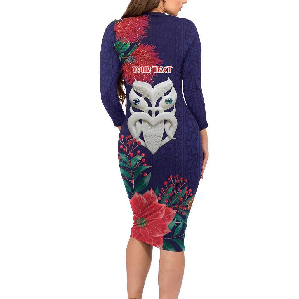 Maori Wheku Meri Kirihimete Personalised Family Matching Long Sleeve Bodycon Dress and Hawaiian Shirt All Blue Indigenous Maori Motif - Polynesian Pride