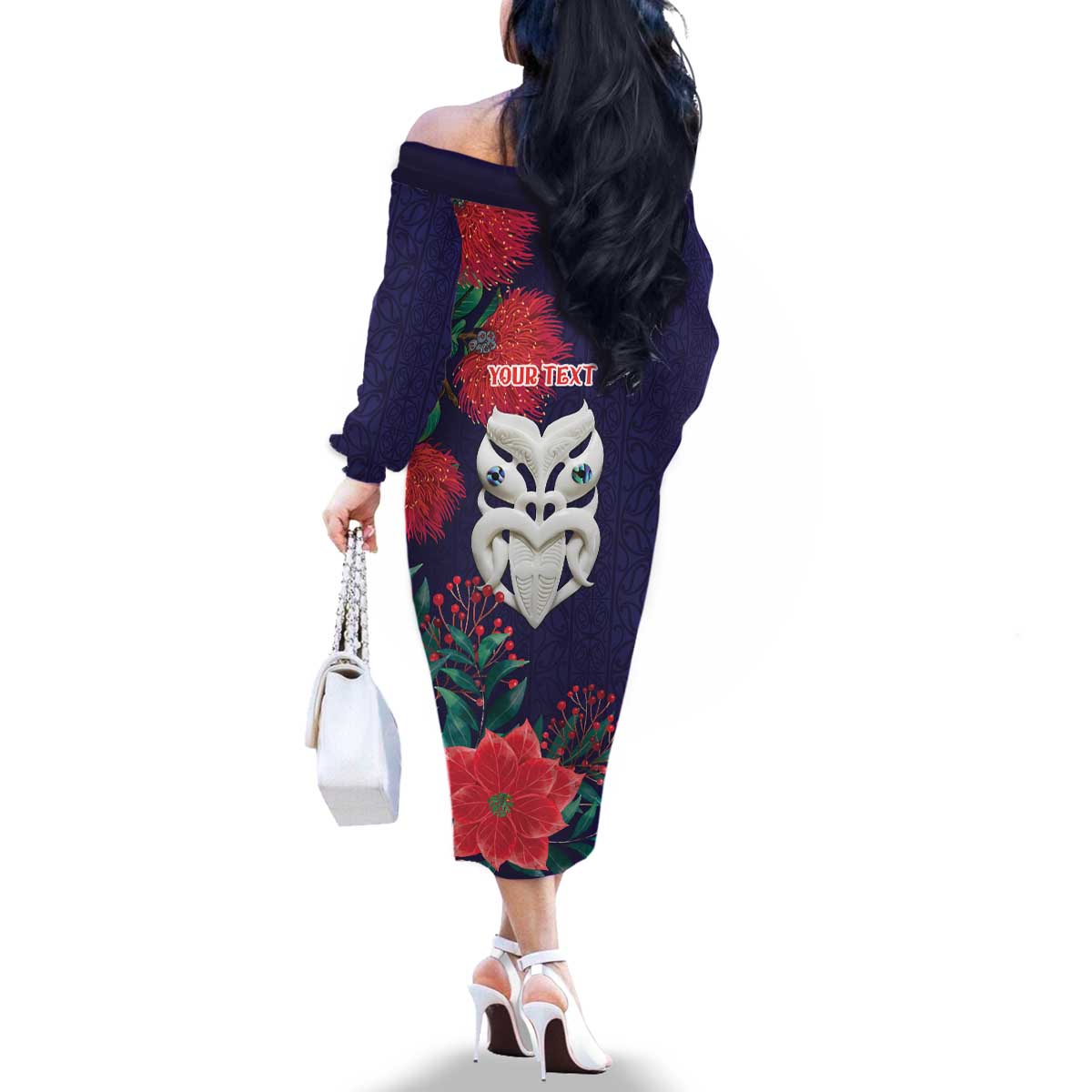 Maori Wheku Meri Kirihimete Personalised Family Matching Off The Shoulder Long Sleeve Dress and Hawaiian Shirt All Blue Indigenous Maori Motif - Polynesian Pride
