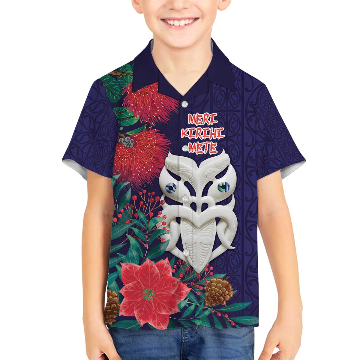 Maori Wheku Meri Kirihimete Personalised Family Matching Off The Shoulder Long Sleeve Dress and Hawaiian Shirt All Blue Indigenous Maori Motif - Polynesian Pride