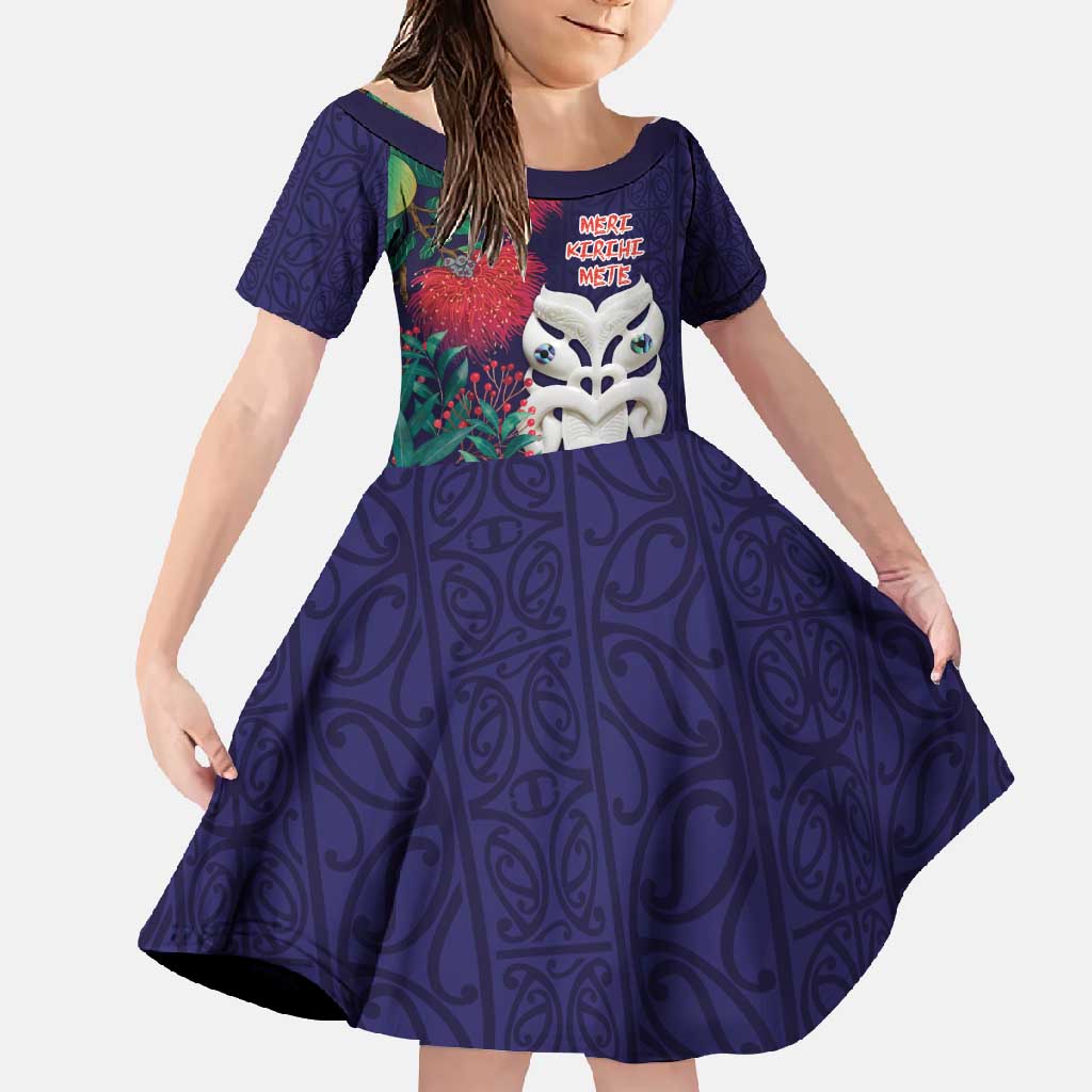 Maori Wheku Meri Kirihimete Personalised Family Matching Off Shoulder Maxi Dress and Hawaiian Shirt All Blue Indigenous Maori Motif - Polynesian Pride