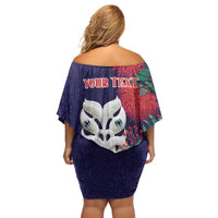 Maori Wheku Meri Kirihimete Personalised Family Matching Off Shoulder Short Dress and Hawaiian Shirt All Blue Indigenous Maori Motif - Polynesian Pride