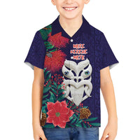 Maori Wheku Meri Kirihimete Personalised Family Matching Off Shoulder Short Dress and Hawaiian Shirt All Blue Indigenous Maori Motif - Polynesian Pride