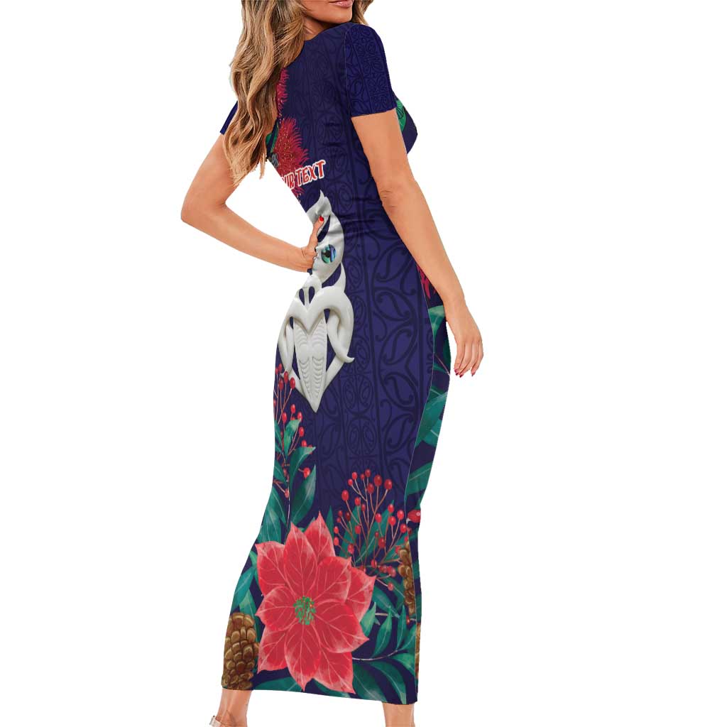 Maori Wheku Meri Kirihimete Personalised Family Matching Short Sleeve Bodycon Dress and Hawaiian Shirt All Blue Indigenous Maori Motif - Polynesian Pride