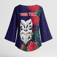 Maori Wheku Meri Kirihimete Personalised Kimono Sleeve Blouse All Blue Indigenous Maori Motif - Polynesian Pride