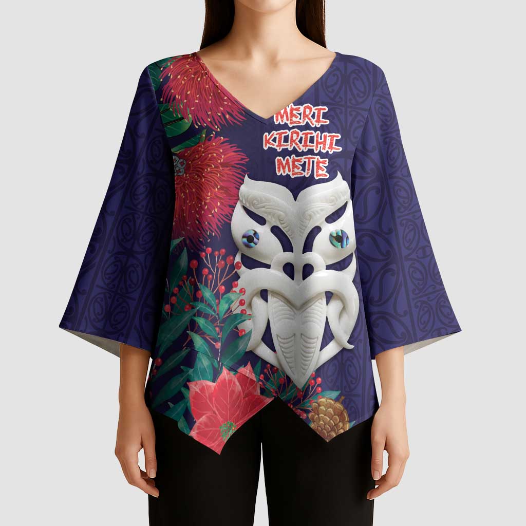 Maori Wheku Meri Kirihimete Personalised Kimono Sleeve Blouse All Blue Indigenous Maori Motif - Polynesian Pride