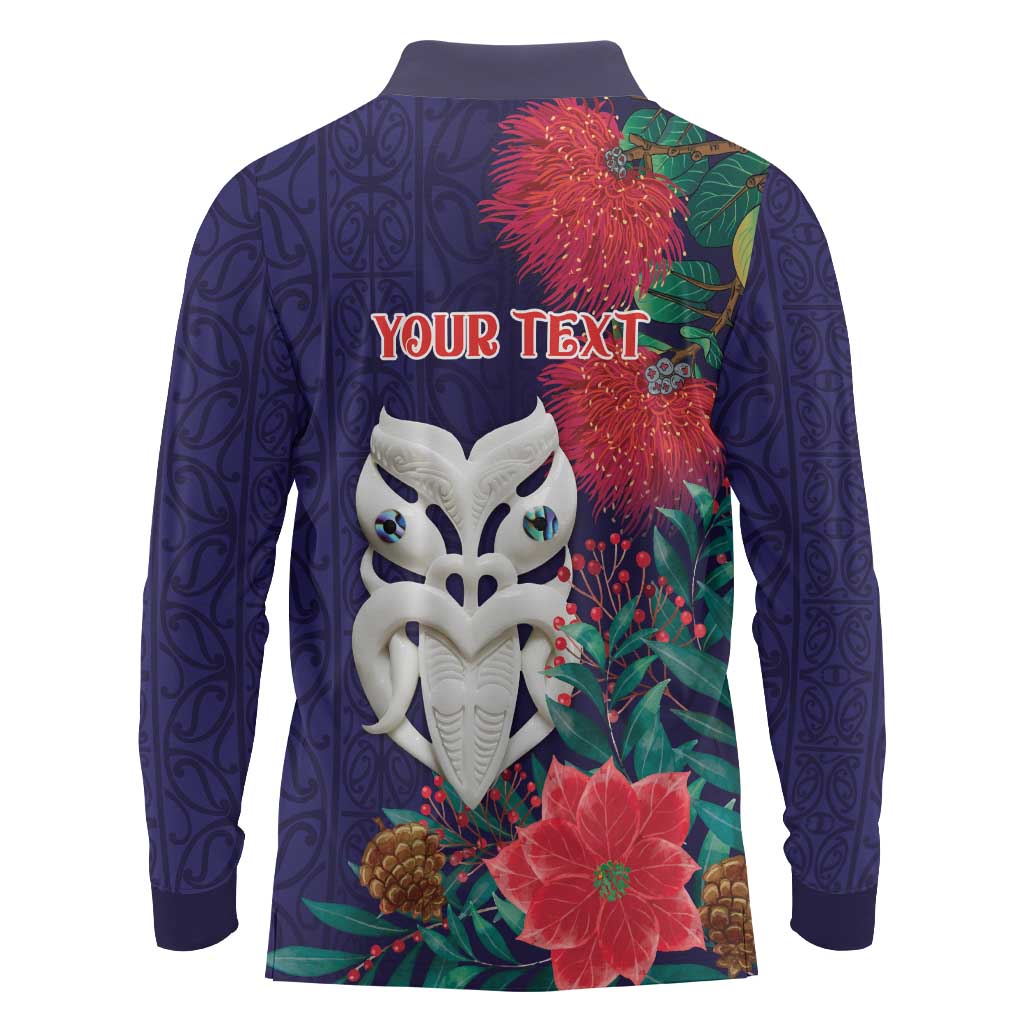Maori Wheku Meri Kirihimete Personalised Long Sleeve Polo Shirt All Blue Indigenous Maori Motif - Polynesian Pride