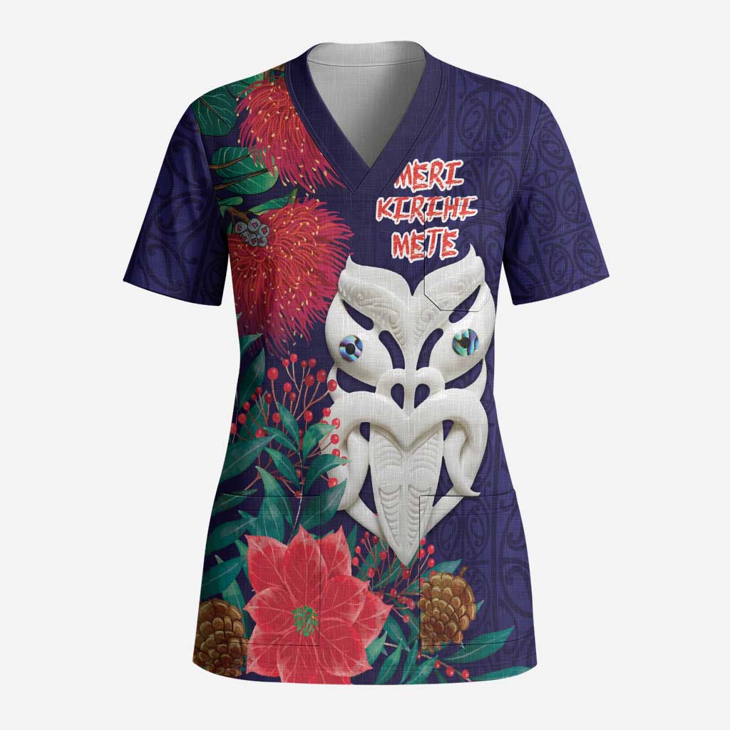 Maori Wheku Meri Kirihimete Personalised Scrub Top All Blue Indigenous Maori Motif LT9 Adult Blue - Polynesian Pride