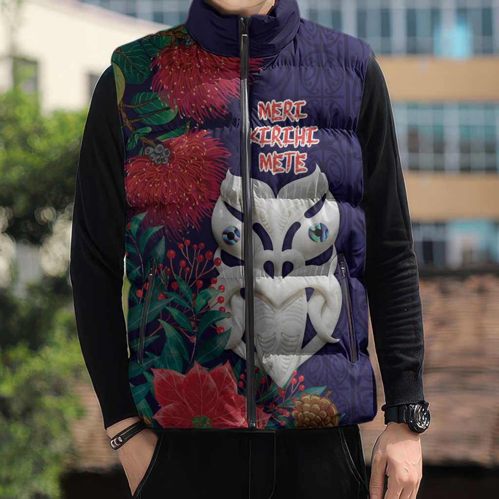 Maori Wheku Meri Kirihimete Personalised Sleeveless Puffer Jacket All Blue Indigenous Maori Motif - Polynesian Pride
