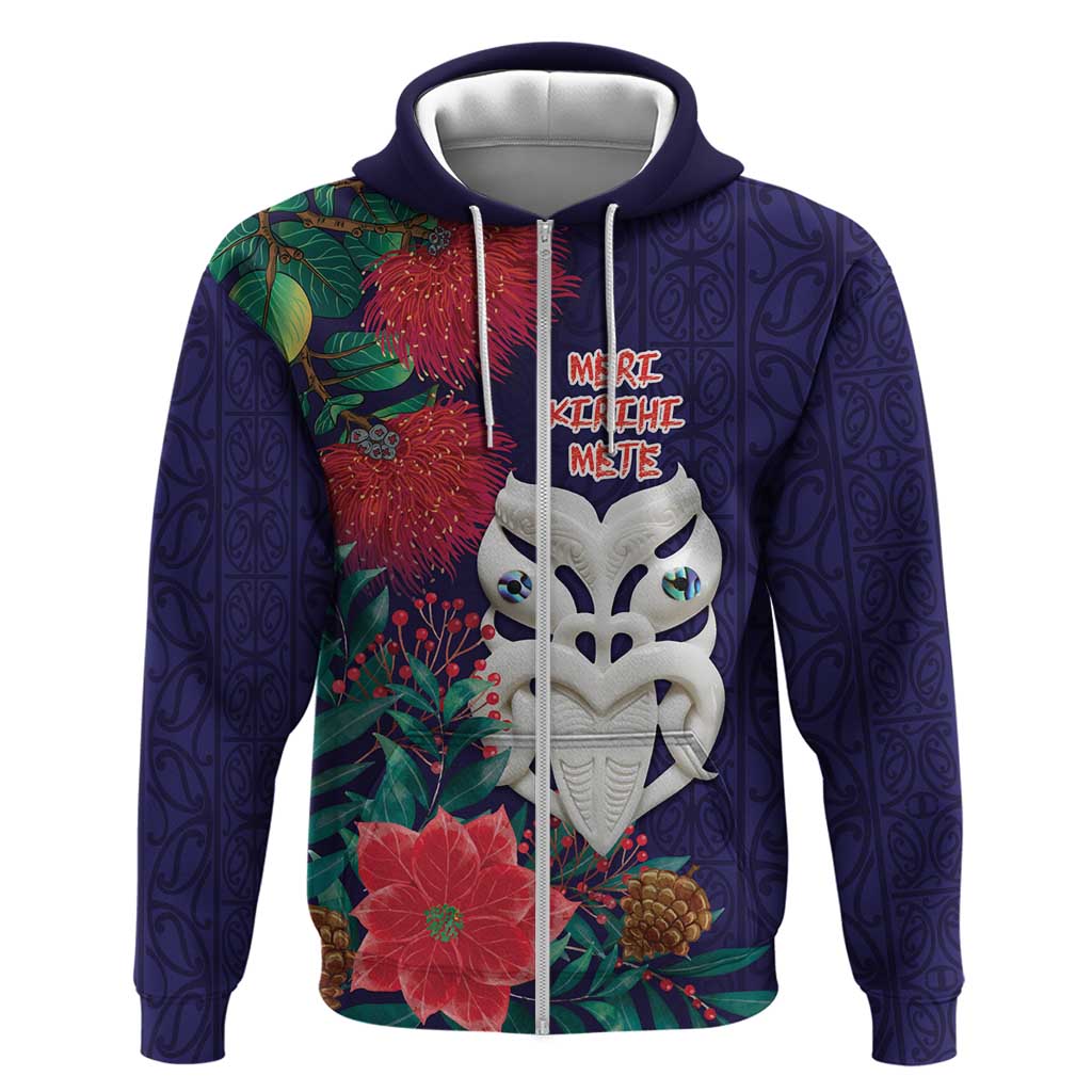 Maori Wheku Meri Kirihimete Personalised Zip Hoodie All Blue Indigenous Maori Motif - Polynesian Pride