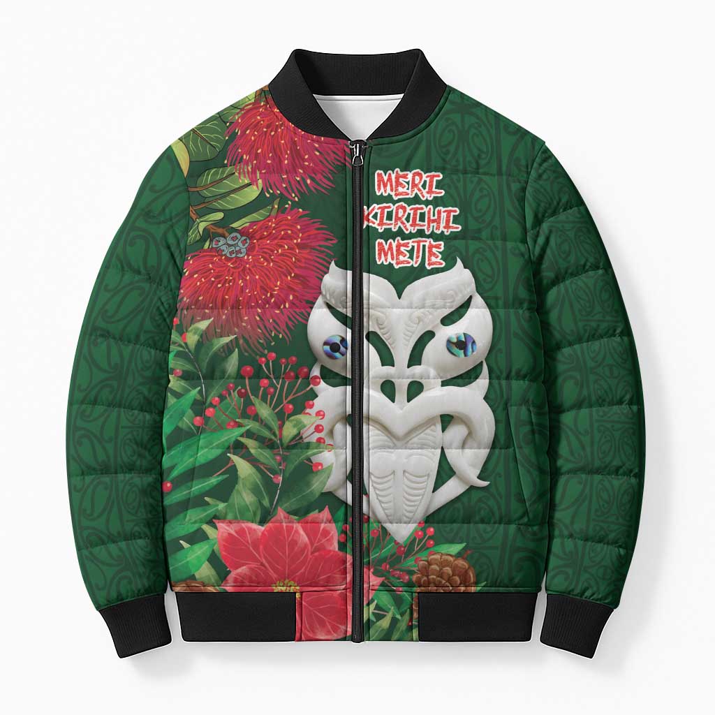 Maori Wheku Meri Kirihimete Personalised Bomber Puffer Jacket All Green Indigenous Maori Motif - Polynesian Pride