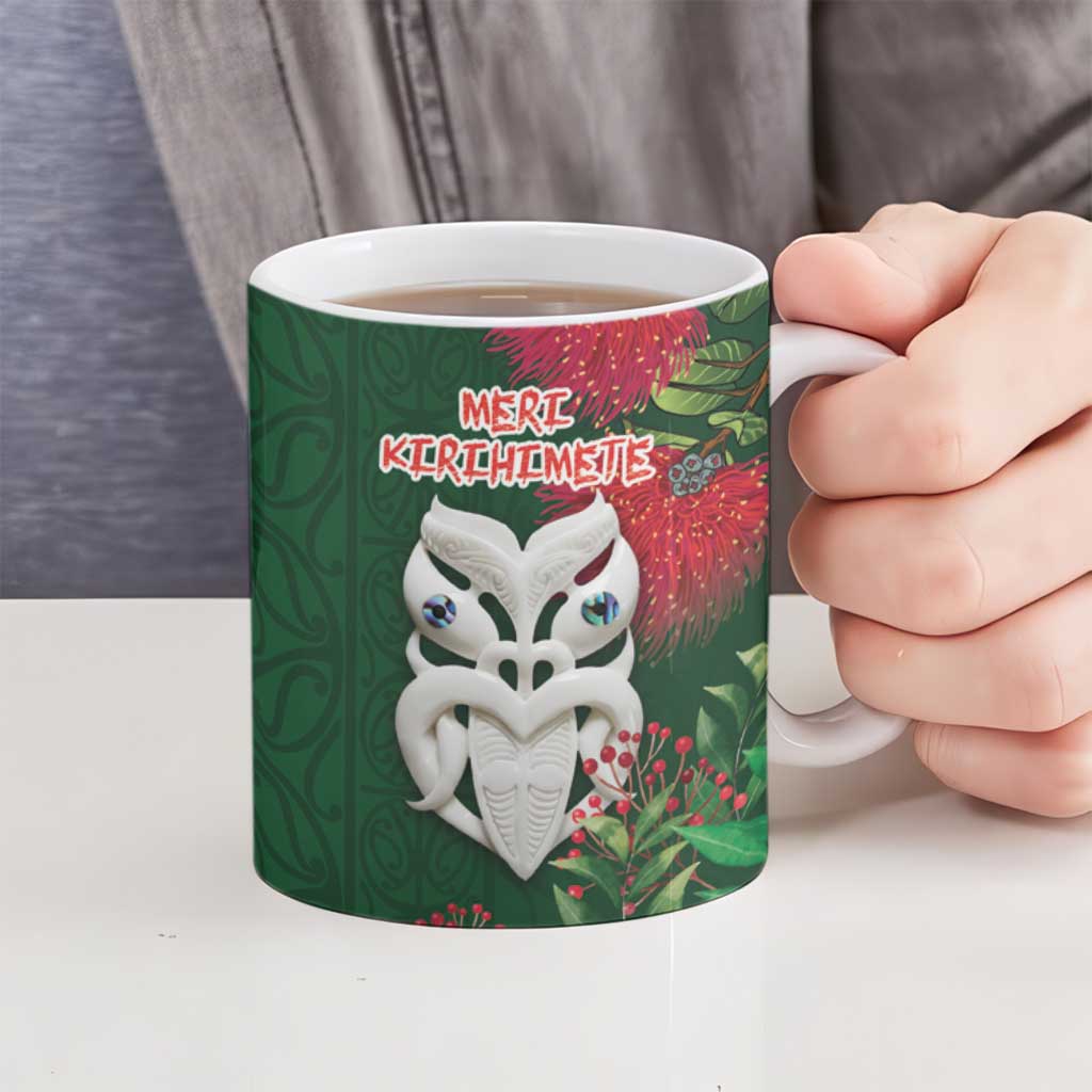 Maori Wheku Meri Kirihimete Personalised Ceramic Mug All Green Indigenous Maori Motif - Polynesian Pride
