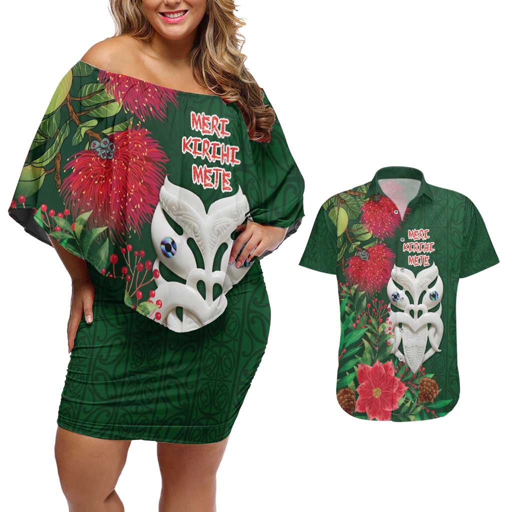 Maori Wheku Meri Kirihimete Personalised Couples Matching Off Shoulder Short Dress and Hawaiian Shirt All Green Indigenous Maori Motif - Polynesian Pride
