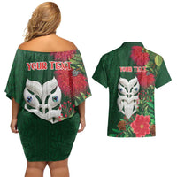 Maori Wheku Meri Kirihimete Personalised Couples Matching Off Shoulder Short Dress and Hawaiian Shirt All Green Indigenous Maori Motif - Polynesian Pride