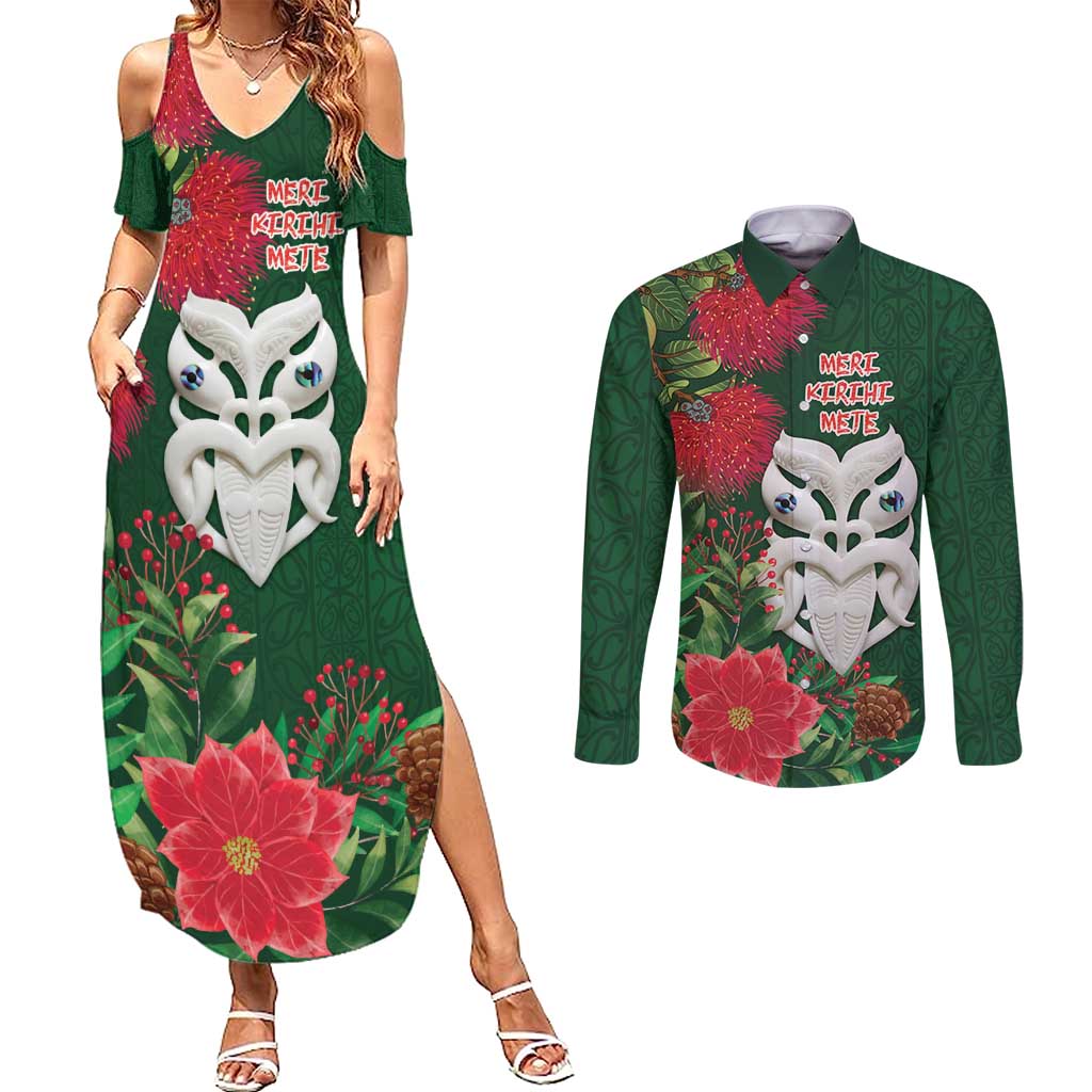 Maori Wheku Meri Kirihimete Personalised Couples Matching Summer Maxi Dress and Long Sleeve Button Shirt All Green Indigenous Maori Motif - Polynesian Pride