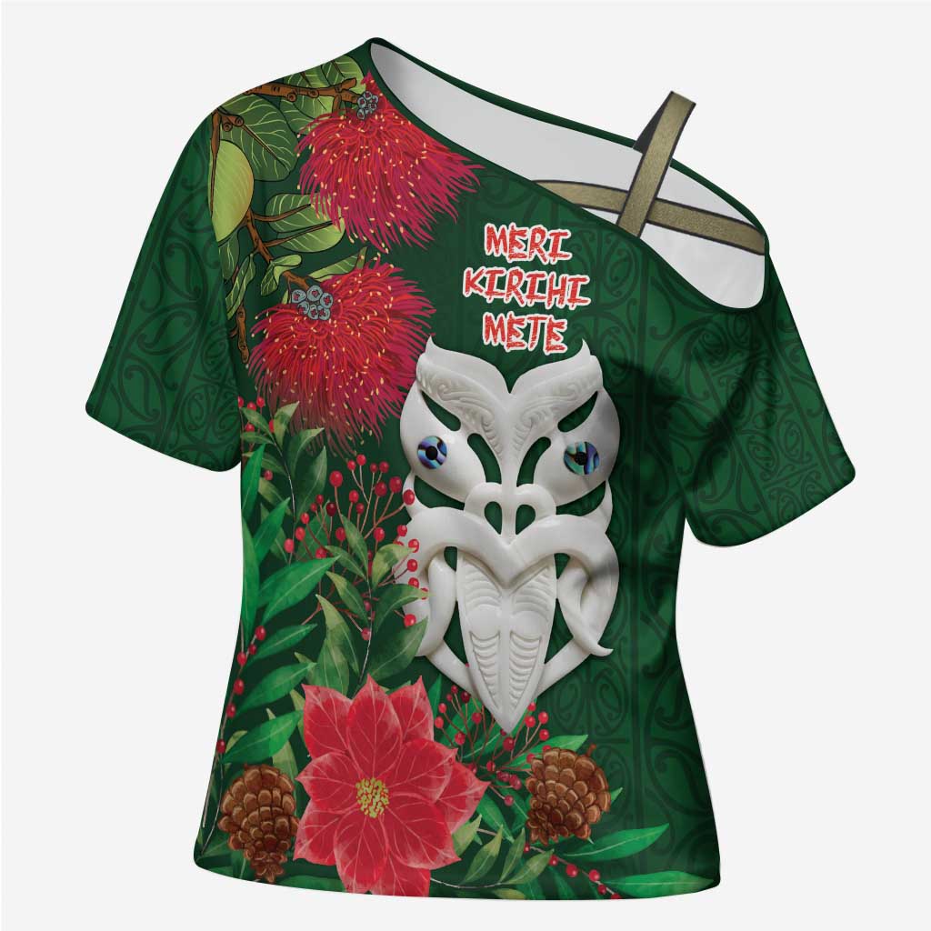 Maori Wheku Meri Kirihimete Personalised Cross Shoulder Shirt All Green Indigenous Maori Motif - Polynesian Pride