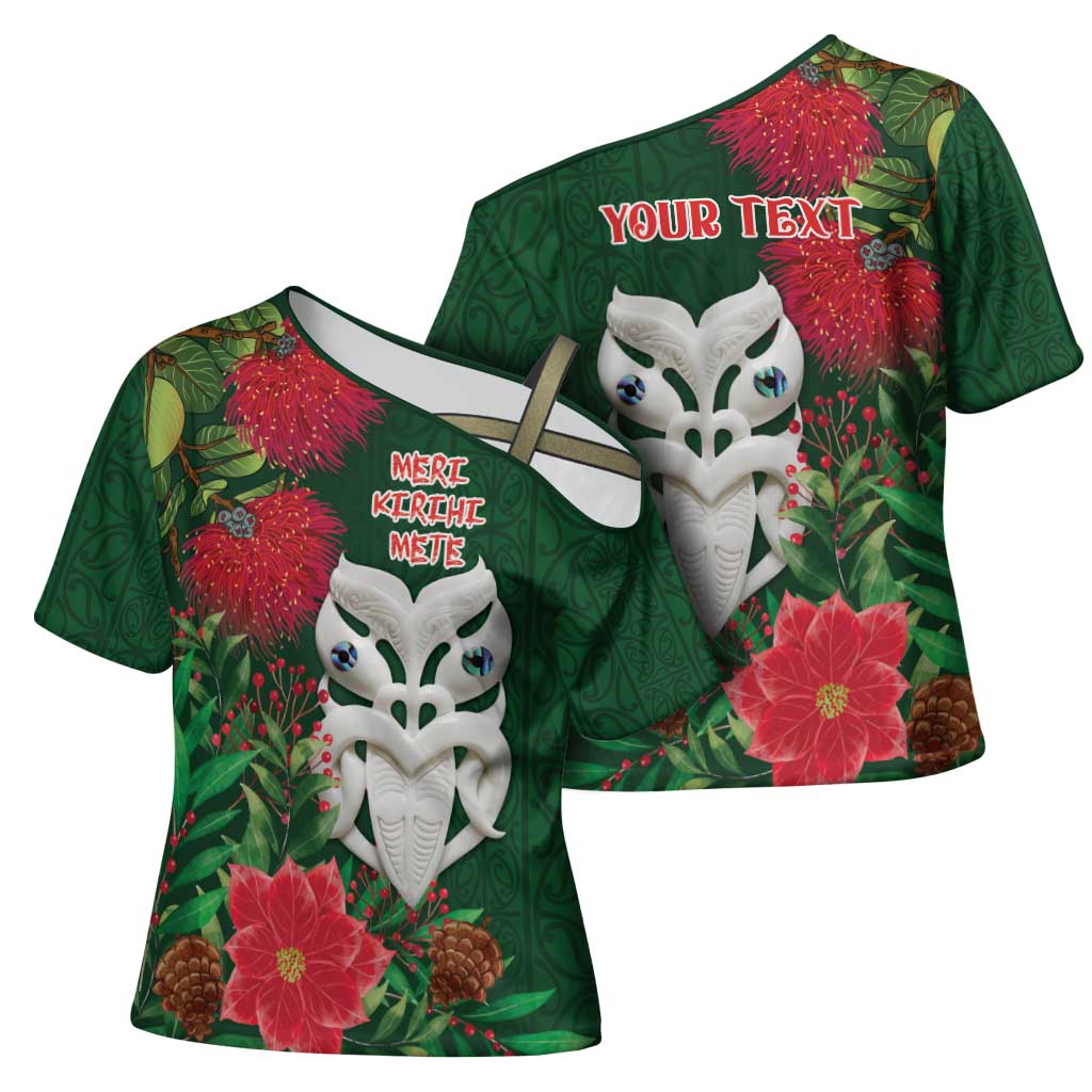 Maori Wheku Meri Kirihimete Personalised Cross Shoulder Shirt All Green Indigenous Maori Motif - Polynesian Pride