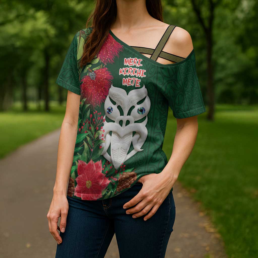 Maori Wheku Meri Kirihimete Personalised Cross Shoulder Shirt All Green Indigenous Maori Motif - Polynesian Pride