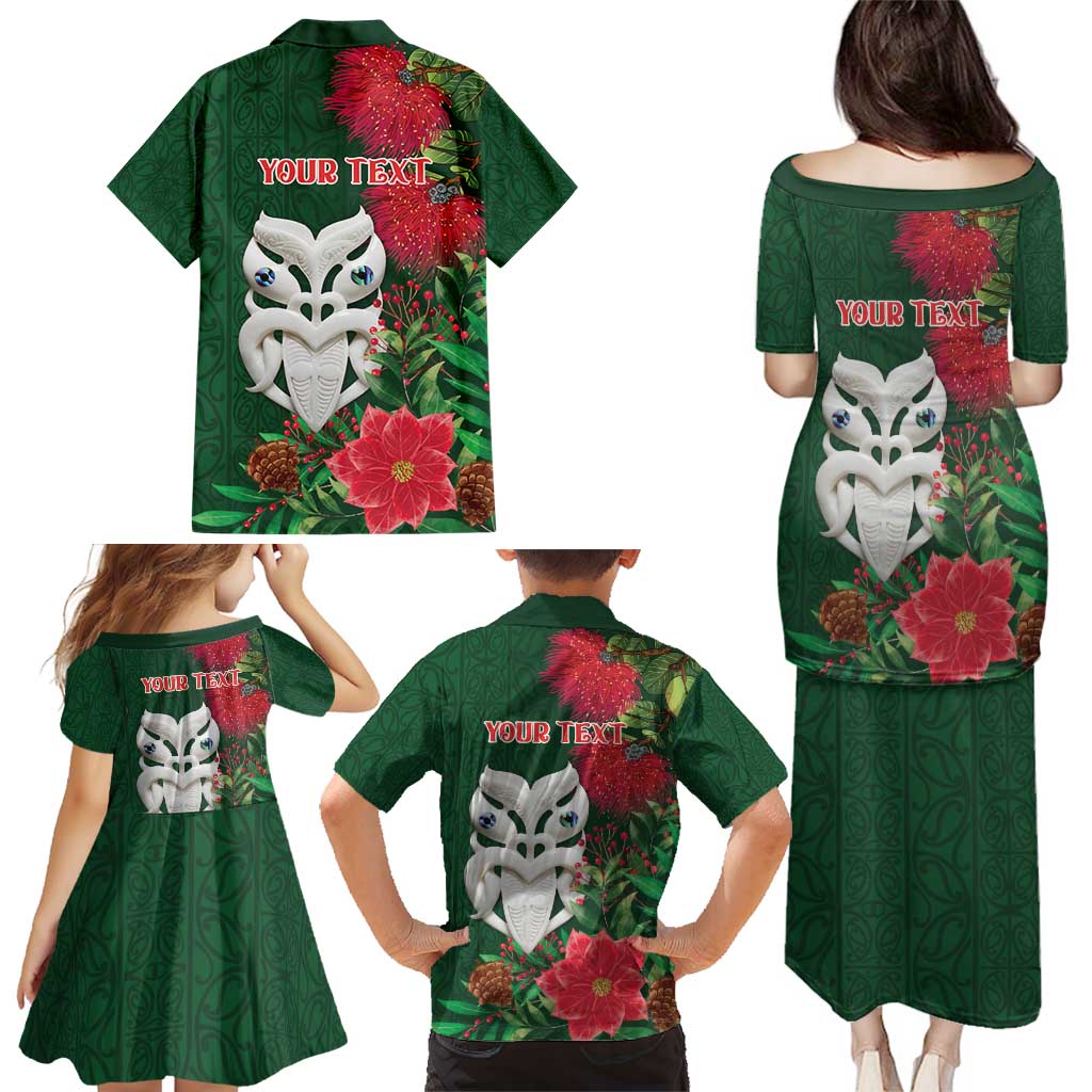 Maori Wheku Meri Kirihimete Personalised Family Matching Puletasi and Hawaiian Shirt All Green Indigenous Maori Motif - Polynesian Pride
