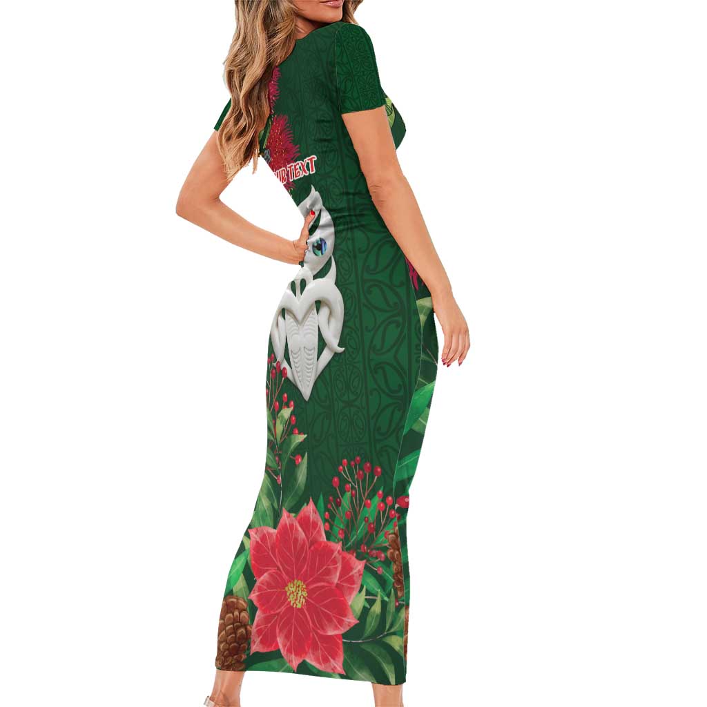 Maori Wheku Meri Kirihimete Personalised Family Matching Short Sleeve Bodycon Dress and Hawaiian Shirt All Green Indigenous Maori Motif - Polynesian Pride