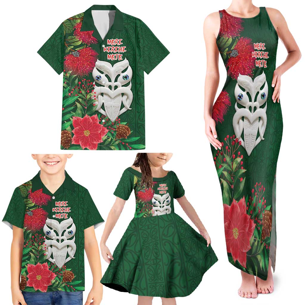 Maori Wheku Meri Kirihimete Personalised Family Matching Tank Maxi Dress and Hawaiian Shirt All Green Indigenous Maori Motif - Polynesian Pride