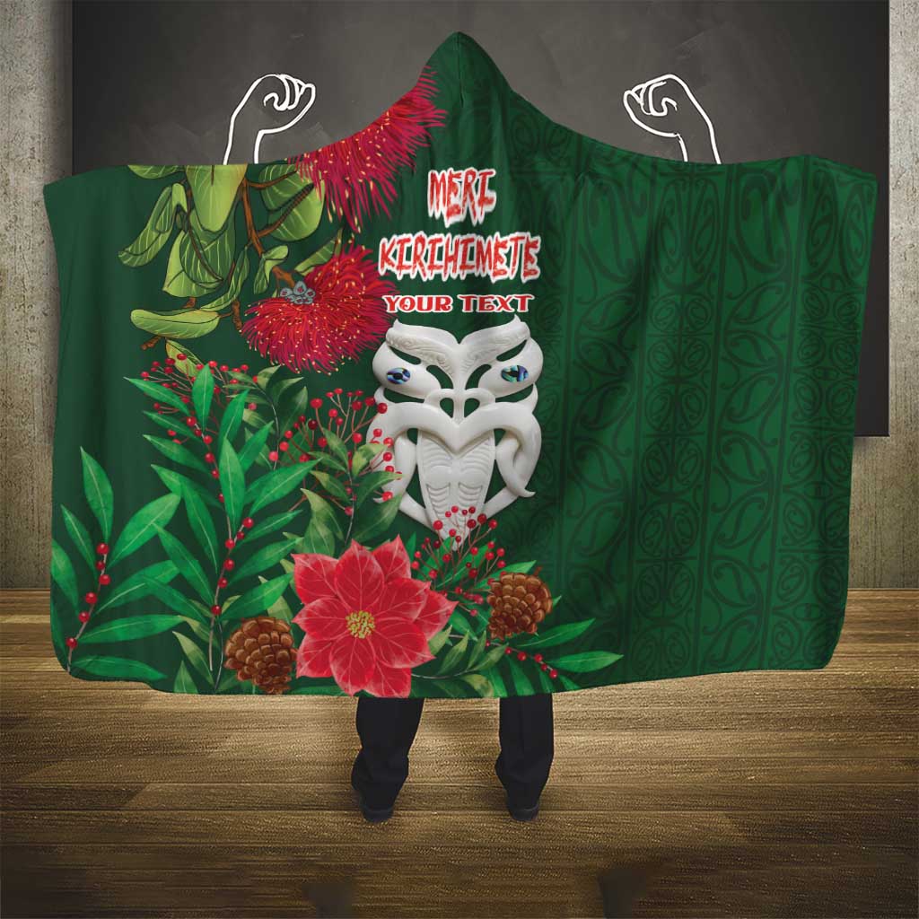 Maori Wheku Meri Kirihimete Personalised Hooded Blanket All Green Indigenous Maori Motif - Polynesian Pride