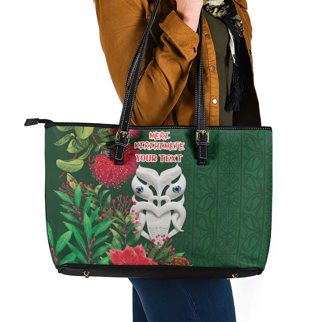 Maori Wheku Meri Kirihimete Personalised Leather Tote Bag All Green Indigenous Maori Motif - Polynesian Pride