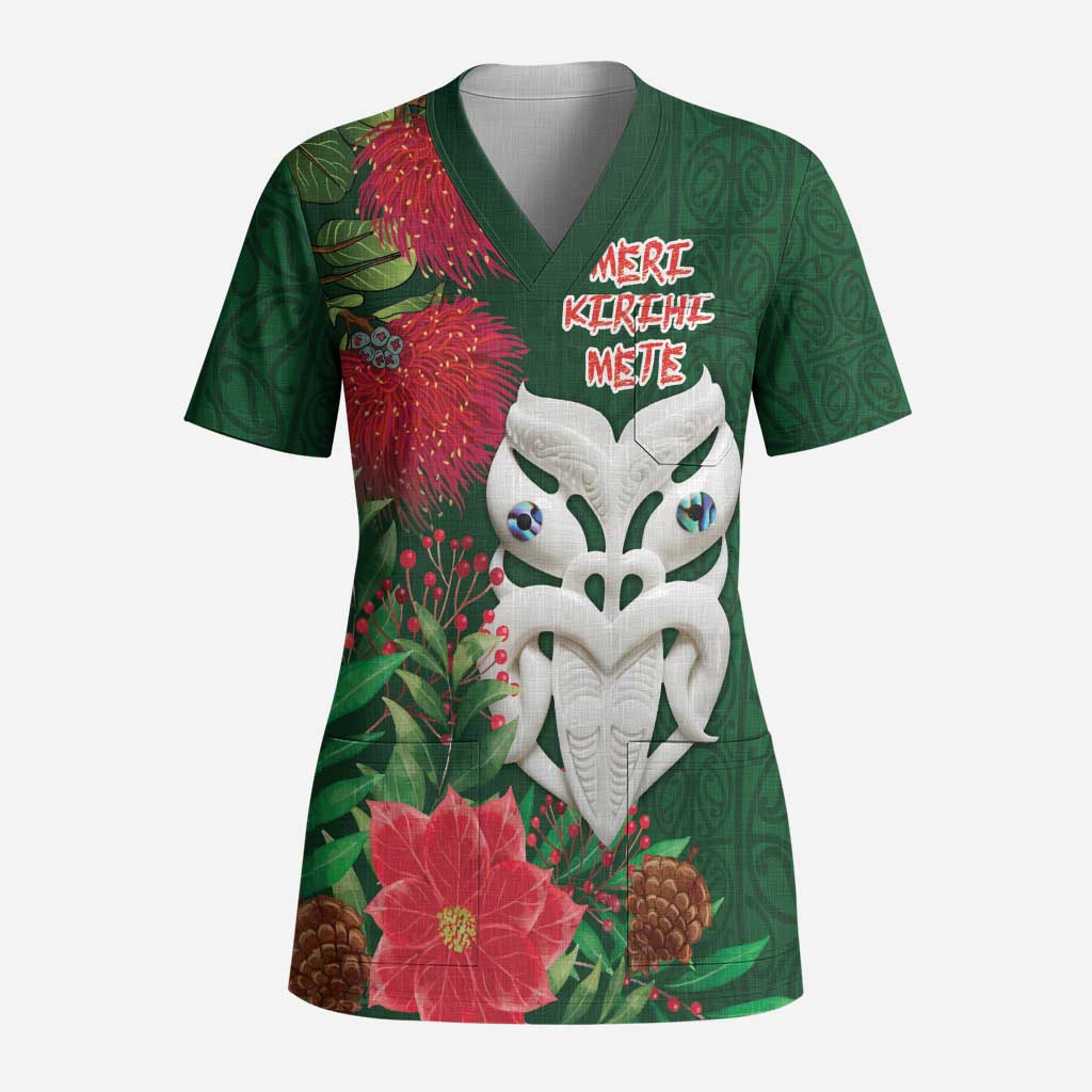 Maori Wheku Meri Kirihimete Personalised Scrub Top All Green Indigenous Maori Motif LT9 Adult Green - Polynesian Pride