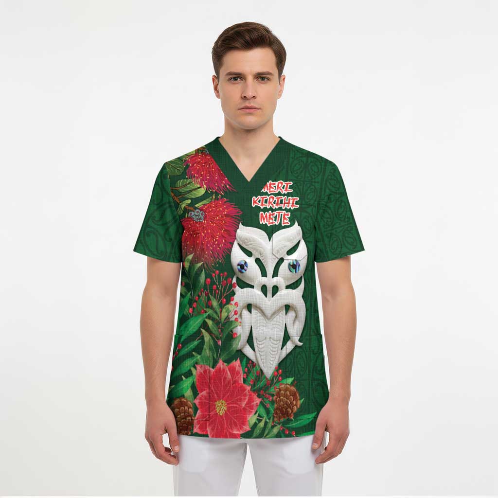 Maori Wheku Meri Kirihimete Personalised Scrub Top All Green Indigenous Maori Motif - Polynesian Pride