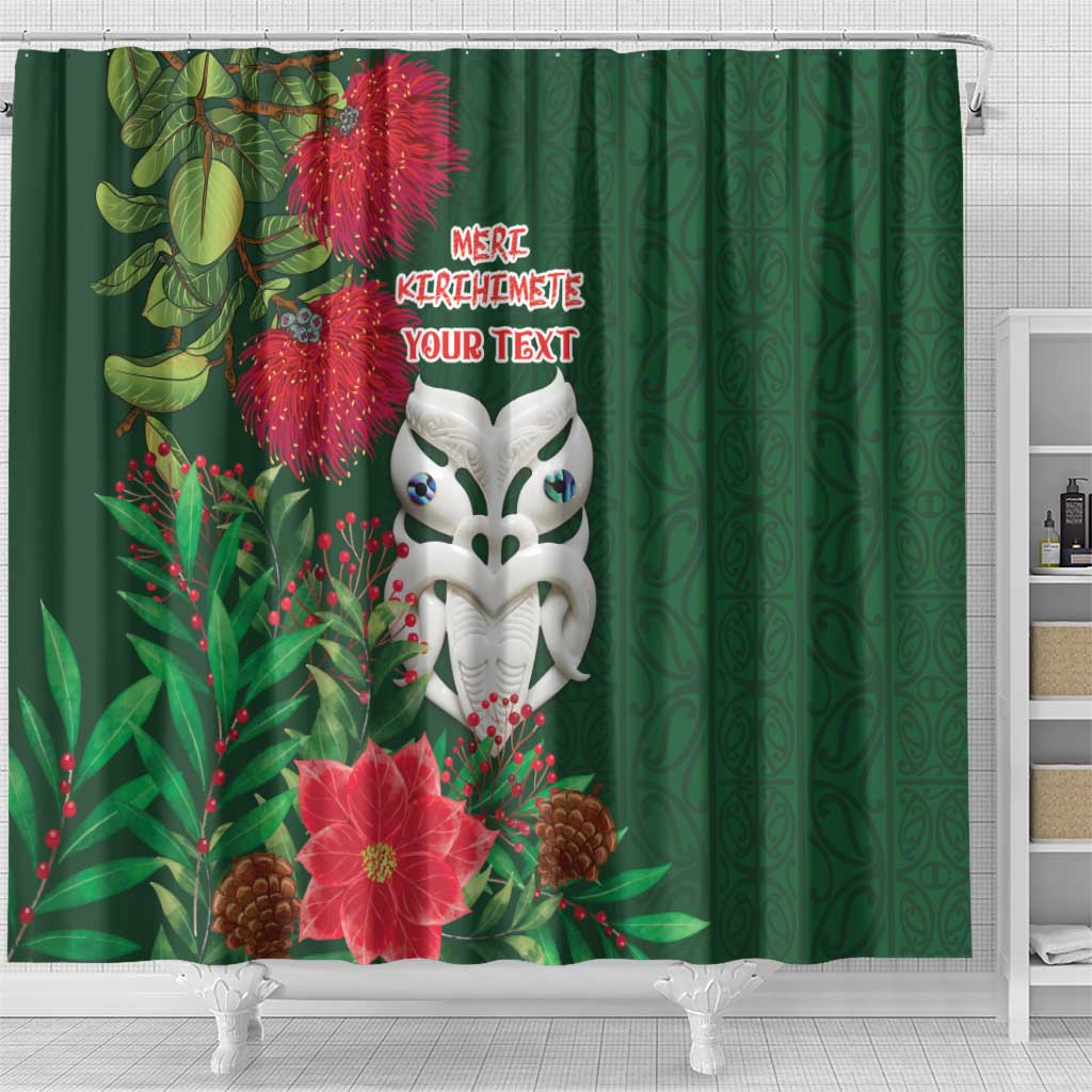 Maori Wheku Meri Kirihimete Personalised Shower Curtain All Green Indigenous Maori Motif - Polynesian Pride