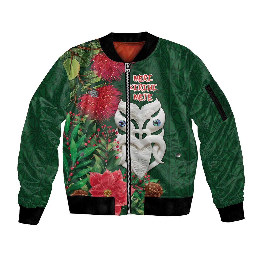 Maori Wheku Meri Kirihimete Personalised Sleeve Zip Bomber Jacket All Green Indigenous Maori Motif LT9 Unisex Green - Polynesian Pride