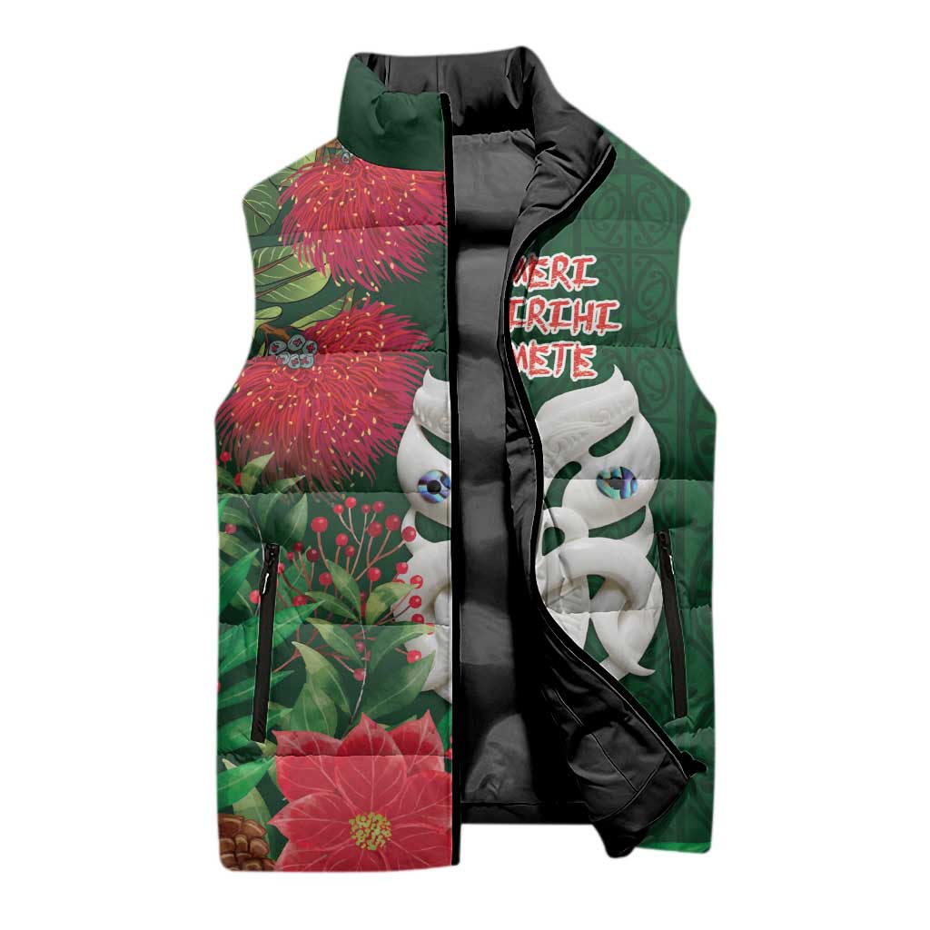Maori Wheku Meri Kirihimete Personalised Sleeveless Puffer Jacket All Green Indigenous Maori Motif - Polynesian Pride