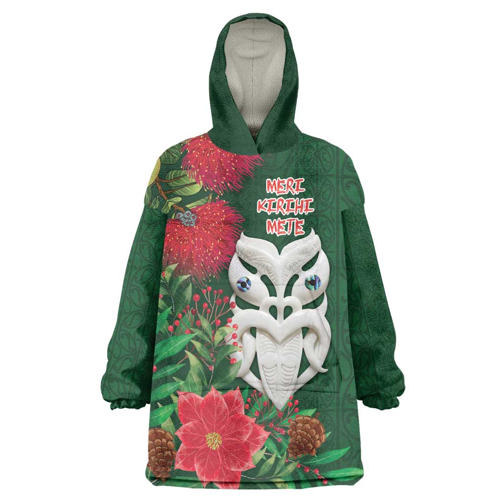 Maori Wheku Meri Kirihimete Personalised Wearable Blanket Hoodie All Green Indigenous Maori Motif LT9 One Size Green - Polynesian Pride