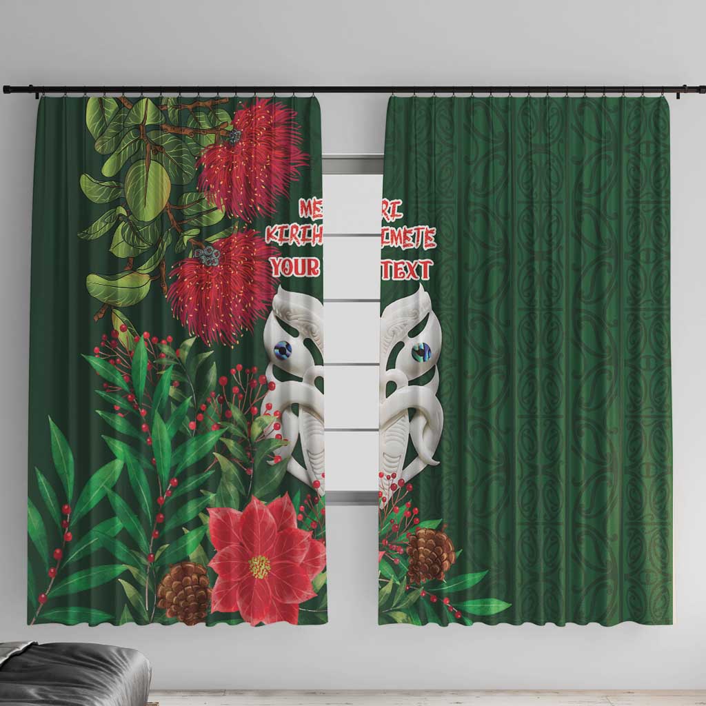 Maori Wheku Meri Kirihimete Personalised Window Curtain All Green Indigenous Maori Motif LT9 With Hooks Green - Polynesian Pride