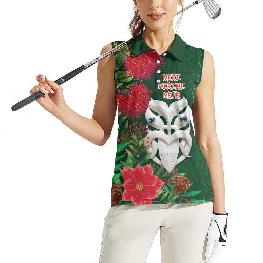 Maori Wheku Meri Kirihimete Personalised Women Sleeveless Polo Shirt All Green Indigenous Maori Motif - Polynesian Pride