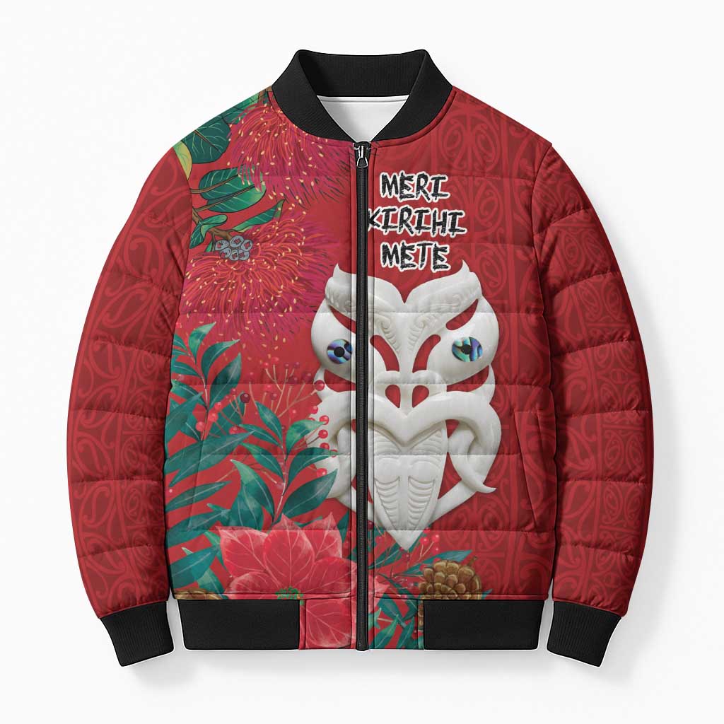 Maori Wheku Meri Kirihimete Personalised Bomber Puffer Jacket All Red Indigenous Maori Motif LT9 Unisex Red - Polynesian Pride