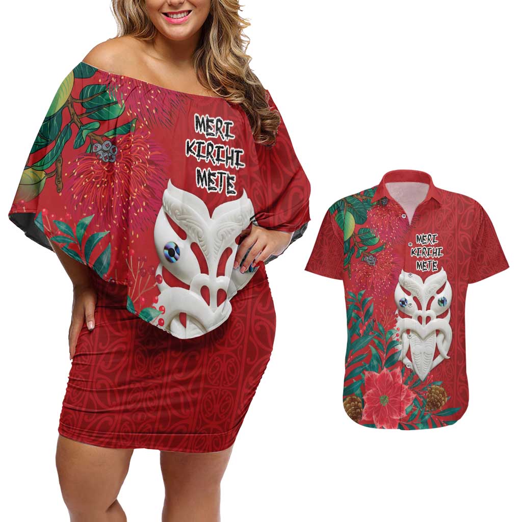 Maori Wheku Meri Kirihimete Personalised Couples Matching Off Shoulder Short Dress and Hawaiian Shirt All Red Indigenous Maori Motif - Polynesian Pride